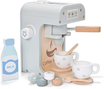Kids Wooden Toys Toddler Pretend Play Kitchen Accessories Coffee Maker Espresso Machine Playset Montessori Kitchen Toy Gift for Girls and Boys