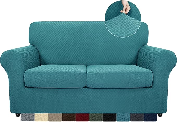 MAXIJIN 3 Piece Jacquard Couch Covers for 2 Cushion Couch Stretch Non Slip Love Seat Couch Cover for Dogs Pet Friendly Elastic Furniture Protector Loveseat Slipcovers (Loveseat, Peacock Blue)