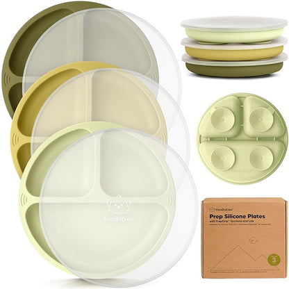 KeaBabies Suction Plates with Lids for Baby - 3-Pack 100% Silicone Suction Plates for Baby, Kids,Toddler Plates,Divided Baby Plates with Suction,Lids, BPA-Free, Microwave, Dishwasher Safe (Olives)