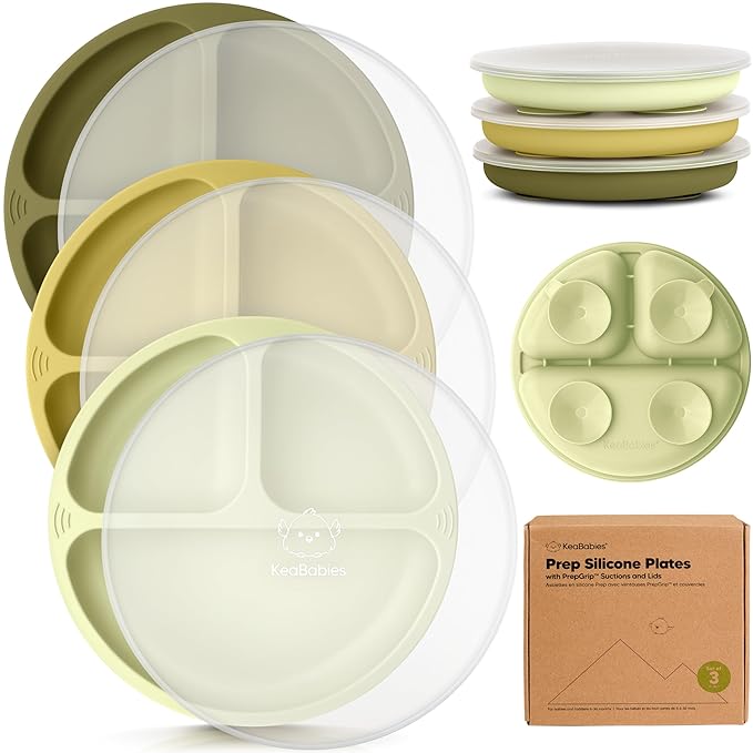 KeaBabies Suction Plates with Lids for Baby - 3-Pack 100% Silicone Suction Plates for Baby, Kids,Toddler Plates,Divided Baby Plates with Suction,Lids, BPA-Free, Microwave, Dishwasher Safe (Olives)