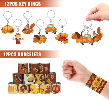 110 PCS Thanksgiving Party Favors Autumn Party Supplies with Key Chains Button Pins Stickers Rubber Bracelets for Fall Party Favors Decorations Classroom Prizes