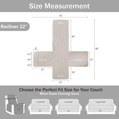 Beige Quilted Recliner Covers, Water-Repellent Recliner Slipcovers, Lazy Boy Chair Covers, Pet Friendly Recliner Cover for Dogs Cats, Washable Furniture Protector (Recliner 22", Beige Cream)