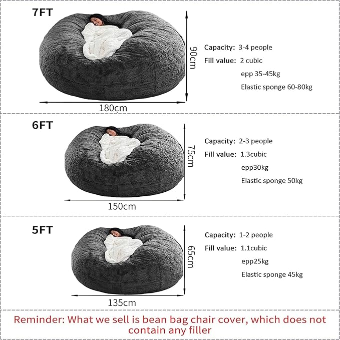 Bean Bag Chair for Adults Kids Without Filling Comfy Fluffy Giant Round Beanbag Lazy Sofa Cover for Reading Chair Floor Chair, 6FT, Dark Grey