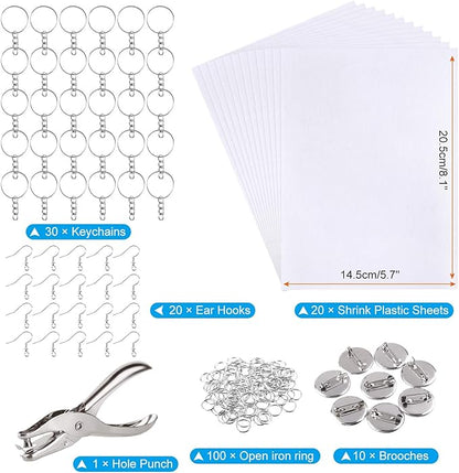 ASTARON 181Pcs Shrinking Plastic Sheets Kit Includes 20 Shrinking Film Art Paper and 161 Pcs Shrinkles Keychains Making Accessories for Kids Craft and Art Supplies