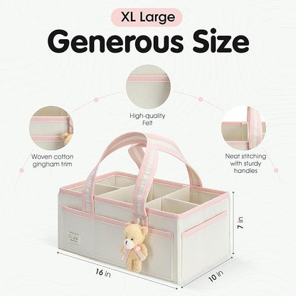 PeraBella Baby Diaper Caddy Organizer, XL Baby Basket Shower Gift Caddy, Portable Felt Changing Table Basket, Nursery Storage Bin, Newborn Boy and Girl Essentials for Registry, Car Diaper Organizer