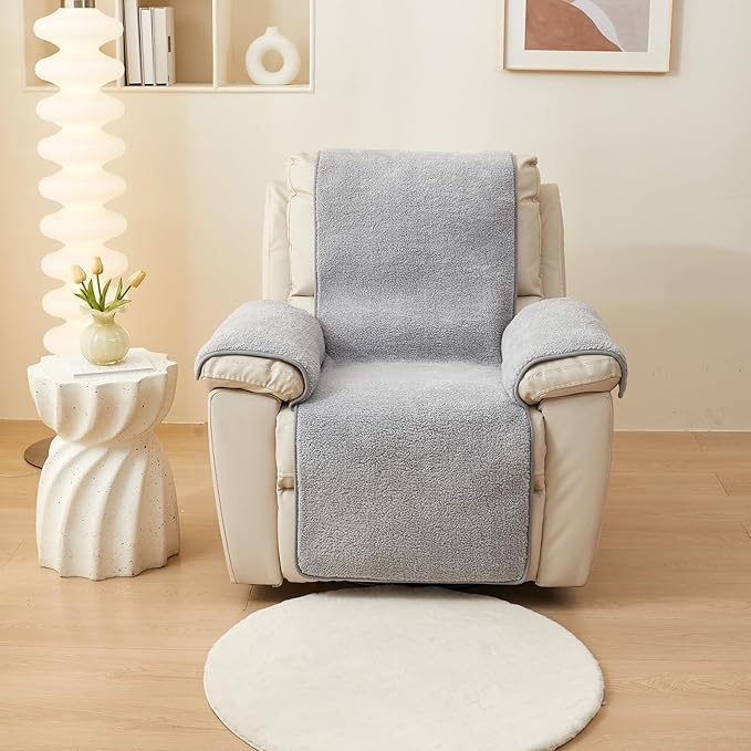 vctops Sherpa Fleece Recliner Chair Cover Super Soft Warm Plush Sofa Slipcover Furniture Protector Non Slip Washable Reclining Chair Cover for Kids, Pets (Light Grey,22"x82")