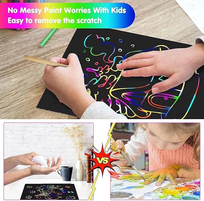 Smasiagon Scratch Paper Art Set for Kids: 60 Pcs Magic Black Scratch Off Art Crafts Kits Colorful Drawing Toys for 3-12 Year Old Girls Boys Halloween Party Favor Game DIY Birthday Christmas Gift