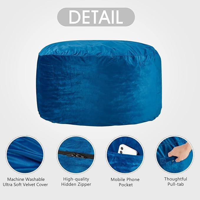 Homguava Bean Bag Chair: Giant Bean Bags with Memory Foam Filled, Large Beanbag Chairs Soft Sofa with Dutch Velet Cover 6FT(58"×58"×28")-Blue