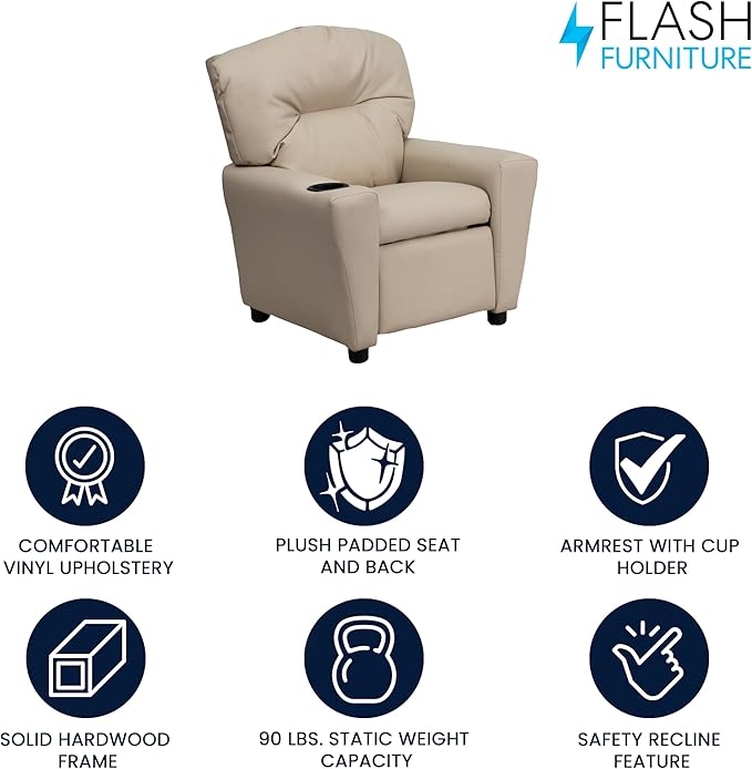 Flash Furniture Chandler Vinyl Kids Recliner with Cup Holder and Safety Recline, Contemporary Reclining Chair for Kids, Supports up to 90 lbs., Beige
