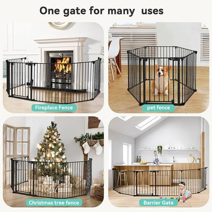 COMOMY 150" Extra Wide Baby Gate with Door, Dog Gates for The House Doorways Fireplace, Auto Close Baby Fence Play Area, Walk Through Pet Gate, Hardware Mounted Baby Gate, 6-Panels (30" Tall, Black)