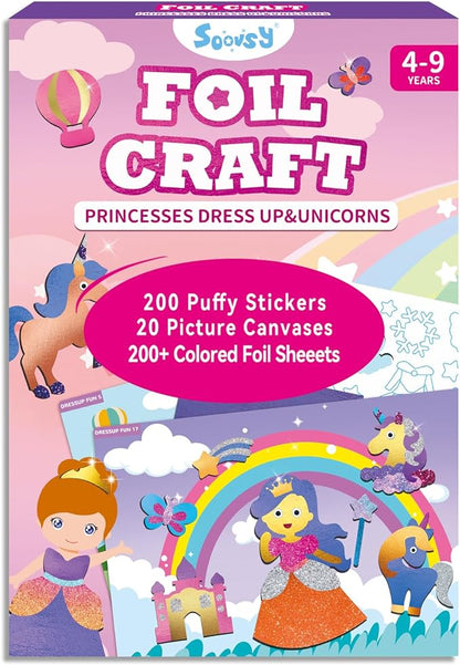 SOOVSY 200 Sheets Princesses & Unicorns Foil Art Fun Kit for Kids, Foil Art for Kids Art Craft DIY Creative Activity Birthday Christmas Gift Travel Toys for 4 5 6 7 8 9 Years Old Kids Girls Boys