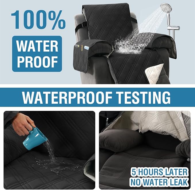 H.VERSAILTEX 100% Waterproof Couch Covers for Reclining Couches Reversible Recliner Chair Covers Furniture Protector with Elastic Straps for Pets Kids Sitting Width Up to 23" (Recliner, Black/Beige)