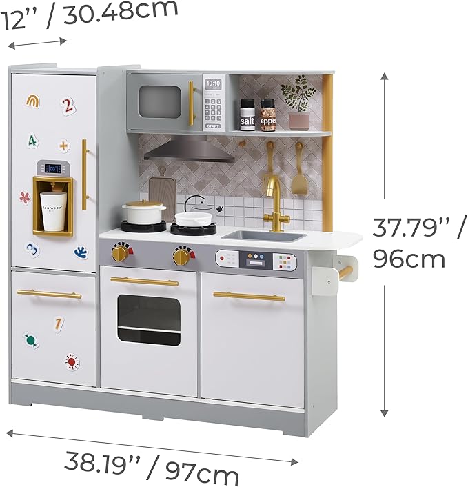 Teamson Kids Little Chef Springfield Play Kitchen with Pretend Ice Dispenser, Magnetic Surface, and 21 pc. Accessory Set, Gray/White