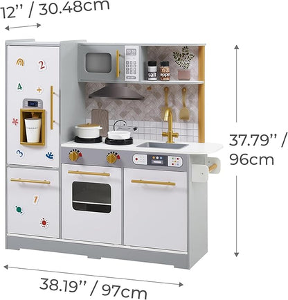Teamson Kids Little Chef Springfield Play Kitchen with Pretend Ice Dispenser, Magnetic Surface, and 21 pc. Accessory Set, Gray/White
