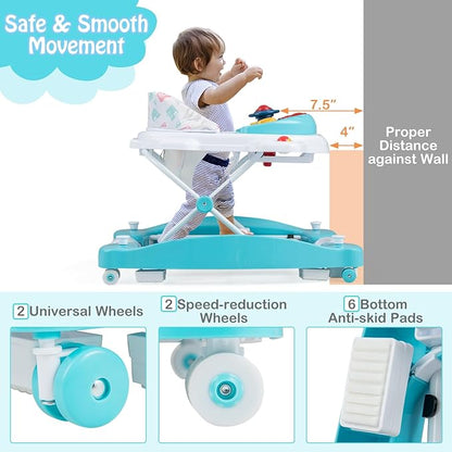 HONEY JOY Baby Walker, 6-in-1 Foldable Baby Walker and Bouncer Combo, Infant Activity Walker with Wheels, Adjustable Heights, Rocker, Music, Lights, Walker for Baby Boy Girl 7-14 Months (Green)
