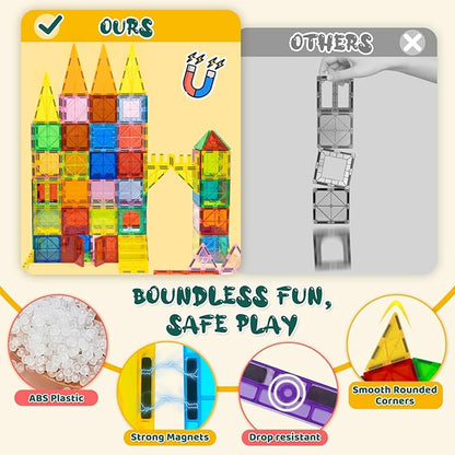 EchoPlan 130 PCS Magnetic Tiles,Magnetic Building Blocks with 2 Cars,Magnet Tiles 3D Clear Construction STEM Preschool Sensory Educational Toys Set for Kids Toddlers Boys 3 4 5 6 7 8 9+ Year Old