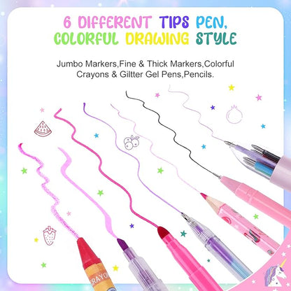 56 Pc Fruit Scented Marker Set with Glitter Unicorn Case, Art Supplies Kit for Kids Ages 4-8
