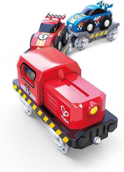 Hape Race Car Transporter | Six-Piece Wooden Toy Train Car Transport Set for Kids