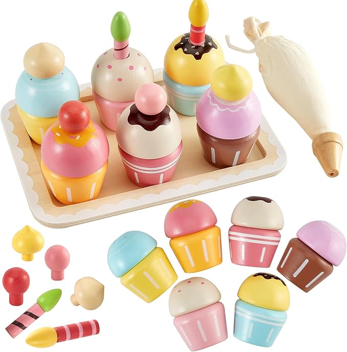 HERSITY Wooden Cupcakes Toys Pretend Play Food Desserts Kids Baking Set, Kitchen Playset for Toddlers 3-5, Tea Party for Little Girls Cooking Games Age 3 4 5 Years Old Girls Boys