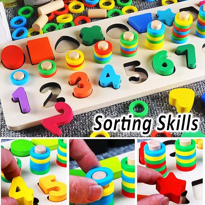 CozyBomB™ Montessori Educational Wooden Toys for Kids Toddler Number Puzzles Sorter Counting Shape Stacker Stacking Game Preschool Math Blocks Toys Gifts for Boy Girl Birthdays Christmas Holidays