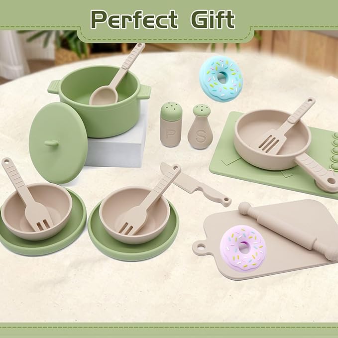 Play Kitchen Accessories, Silicone Pretend Play Kitchen Toys Set, Play Kitchen Pots and Pans Set for Kids, Learning Education Cooking Toys for Girls and Boys(Green)