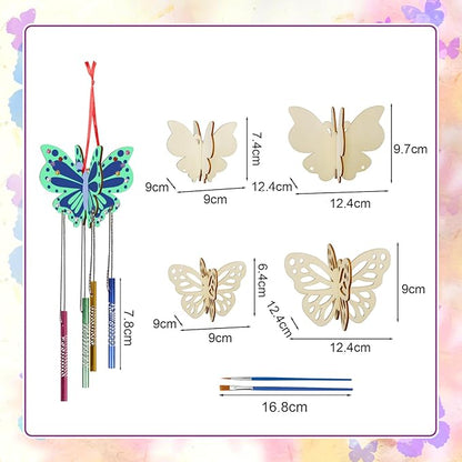 Fennoral 8 Pack 3D Butterfly Wind Chime Kit for Kids Make Your Own Butterfly Wind Chime Wooden Arts and Crafts for Kids DIY to Paint Butterfly Craft for Winter Spring Art Activity Birthday Party