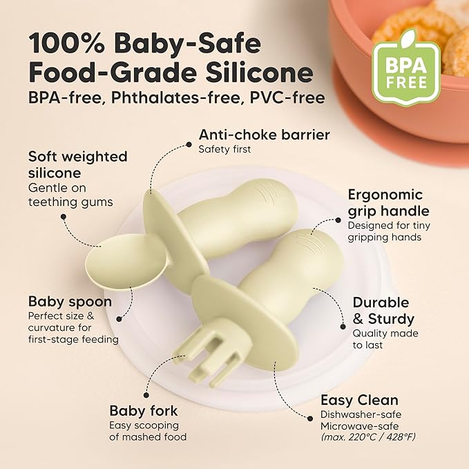 KeaBabies 4-Pack Silicone Baby Spoons and Forks Set - Baby Spoon Self Feeding, BLW Baby Utensils 6-12 Months, Baby Led Weaning Feeding Spoon, Teething Infant Baby Food Training Pre Spoon (Pastel Sky)