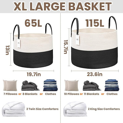 JMvicyroam 65L Extra Large Blanket Basket for Living Room - Woven Cotton Rope Laundry Hamper with Reinforced Handles - Storage Bin for Pillows, Comforters & Toys - Machine Washable,White&Black