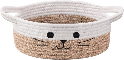 Cute Cat Toy Basket, Gift Baskets Empty for Home Decor, Soft Woven Basket for Living Room, Decorative Storage Baskets for Diaper Caddy, White & Brown, 9.8 x 4 inches