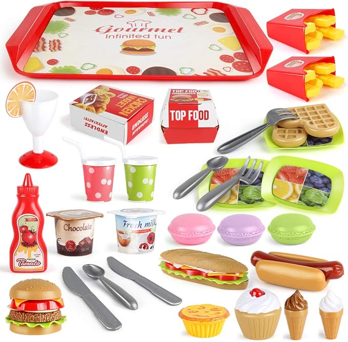 Fast Food Set 59 PCS Kitchen Toy Set for Pretend Play, Kitchen Accessories ,Removable Food Toy, Kids Toddlers Play Food Toys, Party Favor Christmas Stocking Stuffers