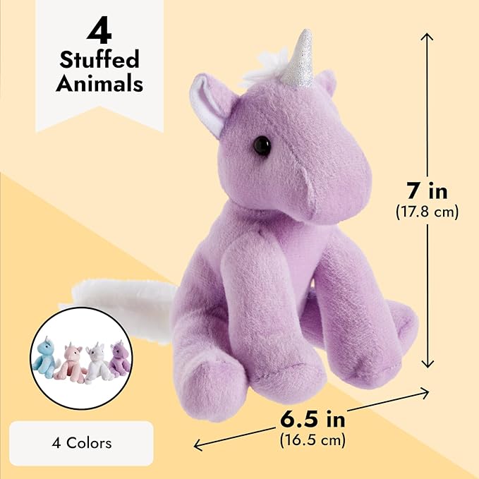 BLUE PANDA Small Unicorn Plush for Girls - 7 Inch Small Stuffed Unicorn Plush for Kids - Small Unicorn Stuffed Animal Toy - Pack of 4 Unicorn Plush Toys - Mini Unicorn Plush Toy