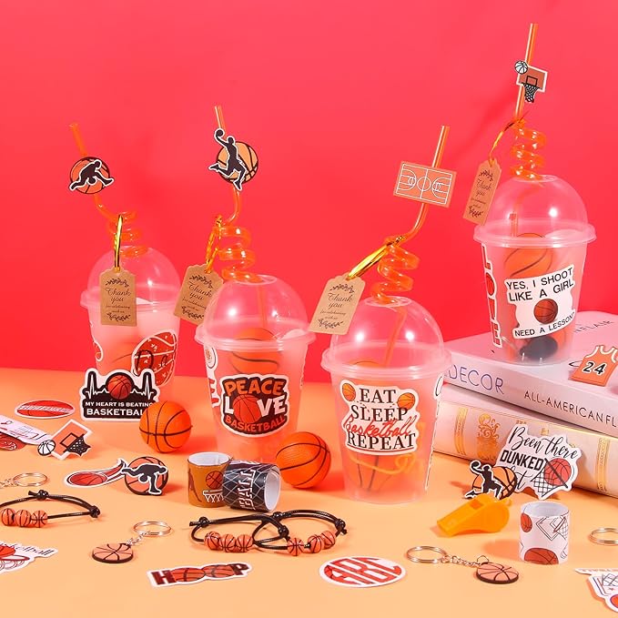 LiYiQ 158 Pcs Basketball Party Favors Basketball Party Supplies with Cup Straw Stress Ball Keychain Sticker Slaps Bracelets Whistle Thank You Tags for Basketball Birthday Decorations (Basketball)