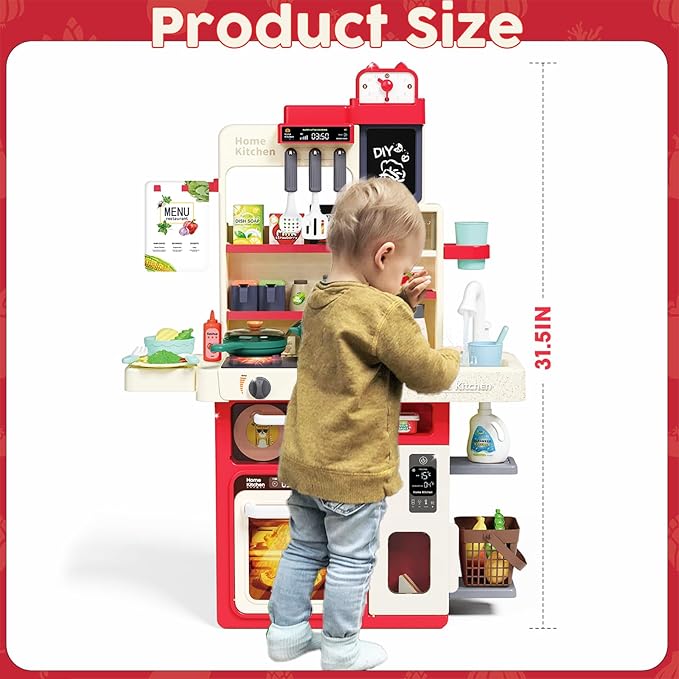 Kids Kitchen Playset: Realistic Lights & Sounds, Spray and Play Sink Simulated, Kitchen Cooking Accessories, Play Food, Ideal Gift Pretend Play Kitchen Set for Kids Girls Boys Ages 3 4 5 6+