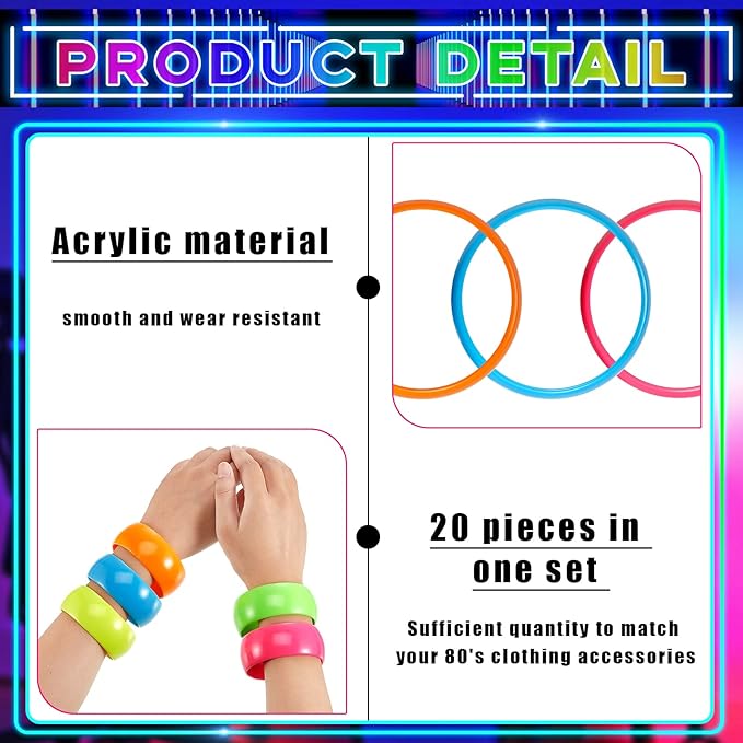 20 Pieces 80s Bracelets for Women 80's Style Neon Bracelets 80s Bangle Bracelets Colorful Chunky Plastic Bracelets 80's Neon Accessories Party Favors Pack for New Years Eve Birthday Party, 5 Colors