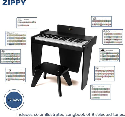 ZIPPY Kids Piano Keyboard, 37 Keys Digital Piano for Kids, Music Educational Instrument Toy, Wood Piano for 3+ Girls and Boys, Black Basic