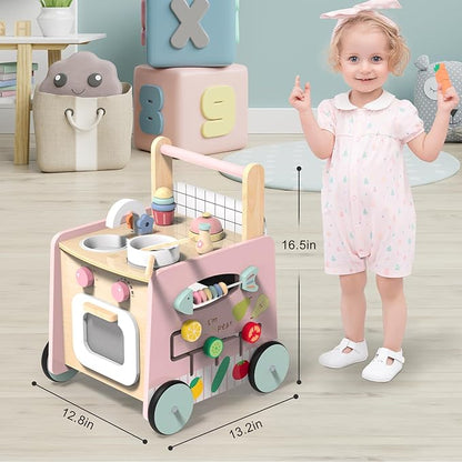 Wooden Baby Walker 9-in-1 Activity Center with Toddlers Montessori Sensory Toys and Play Kitchen Push Walker for Kids with Wheels and Storage Space, Ideal Gift for Girls Boys Ages 6-36 Month