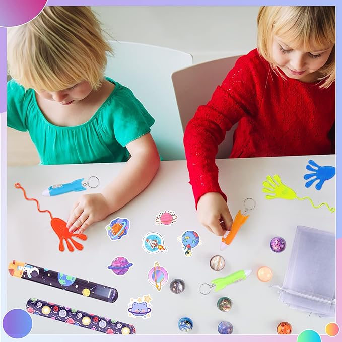 Pllieay 110pcs Outer Space Party Bag Fillers for Kids, Space Bouncy Balls Sticky Hands Slap Bracelets Space Toys for Kids Birthday Christmas Gift Goodie Bag Fillers Pinata Stuffers Classroom Prizes