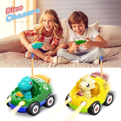 2 Pack Dinosaur Remote Control Cars for Toddlers 2 3 4 5 Years Old - Easter Birthday Gift Ideas for Boys Ages 2-5, Kids Dino Toys RC Vehicle with Lights and Music for Family Fun(Yellow Green)