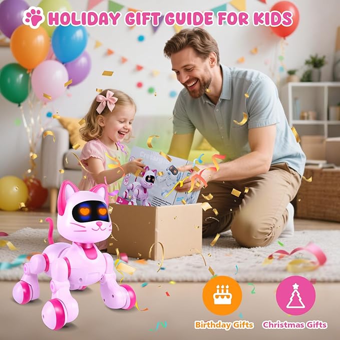 Robot Cat Interactive Toys for Girls: Remote Control Electronic Pink Kitty Pet for Kids Age 3-5 4-6 Gifts for 3 4 5 6 7 8 Year Old Girls RC Toys with Touch Sensing Gestures Birthday Gift Ideas