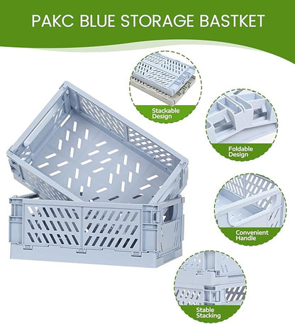 HUUSMOT 2-Pack Small Pastel Plastic Storage Baskets, Collapsible Crates for Organizing, Space-Saving Mini Bins for Classroom, Kitchen, Office, Bedroom (Blue, 9.8" x 6.5" x 3.8")