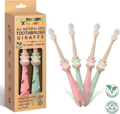 ROARex® All-Natural Eco Friendly Kids Toothbrush Made from Plants - Giraffe 4-36m - Baby to Toddler - Rose/Mint - 4pk | 1% for The Planet Product