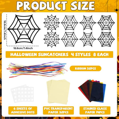 32Pcs Halloween Suncatcher Kit Halloween Window Art DIY Suncatcher Crafts for Kids Spider Web Sun Catcher Craft Stained Glass Effect Tissue Paper Halloween Party Favors Kids Classroom Decor