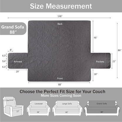 Quilted Grand Sofa Covers Washable, Couch Cover for Grand Sofa, Soft Cozy Couch Protector for 4 Cushion Couch, Oversized Grand Sofa Slipcovers Water-Repellent (Grand Sofa 88", Gray)
