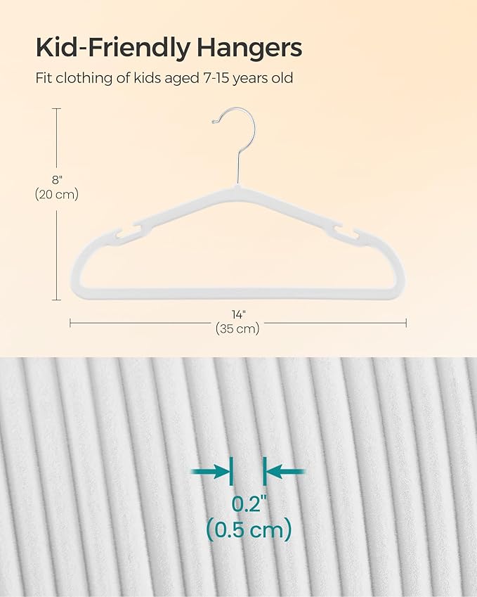 SONGMICS Kids Hangers 50 Pack, 14 x 8 Inches, Baby Hangers for Closet, Non-Slip Velvet Hangers, Childrens Hangers, Space-Saving Clothes Hangers, Wide Shoulder Notches, Cloud White UCRF038W01