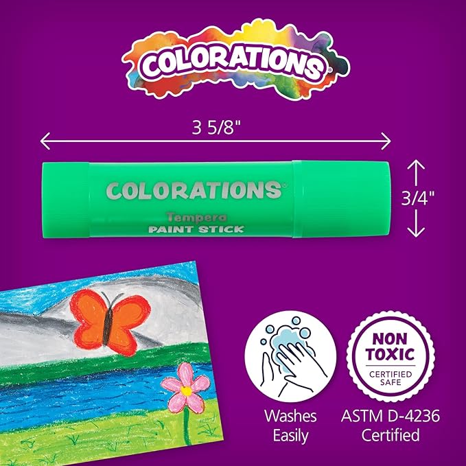 Colorations Tempera Paint Sticks, 144 Pcs, 12 Colors, Non-Toxic, Mess-Free Art Supplies for Kids, Bulk Set for the Classroom