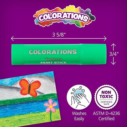 Colorations Tempera Paint Sticks, 144 Pcs, 12 Colors, Non-Toxic, Mess-Free Art Supplies for Kids, Bulk Set for the Classroom