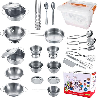 Mini Size Kids Kitchen Pretend Play Toys Accessories with Stainless Steel Cookware Pots and Pans Set,Classic Kitchen Accessories Cooking Utensils Set Tiny Role Play Cooking Play Toy for Kids Toddlers