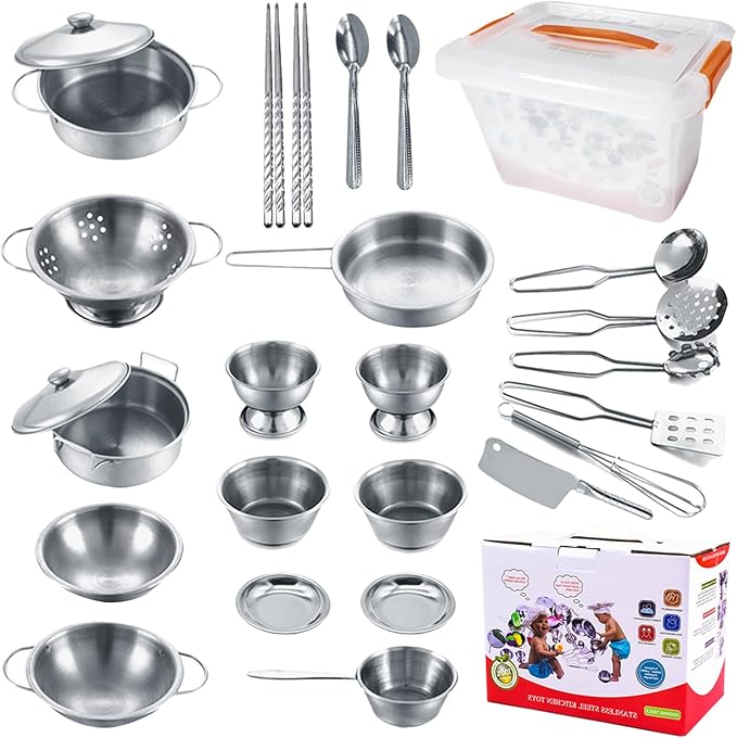 Mini Size Kids Kitchen Pretend Play Toys Accessories with Stainless Steel Cookware Pots and Pans Set,Classic Kitchen Accessories Cooking Utensils Set Tiny Role Play Cooking Play Toy for Kids Toddlers