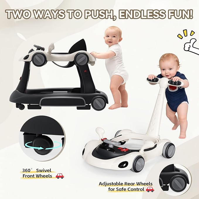 Baby Walker with Wheels, 7-in-1 Foldable Baby Walkers for Boys Girls 6-12 Months with Feeding Tray & Music, Lights,Rocker,Sun Canopy, Bouncing Pedal, Adjustable Wheel Speed, Push Walker (Black)
