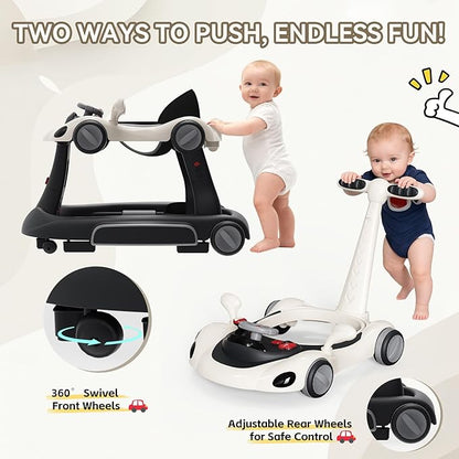 Baby Walker with Wheels, 7-in-1 Foldable Baby Walkers for Boys Girls 6-12 Months with Feeding Tray & Music, Lights,Rocker,Sun Canopy, Bouncing Pedal, Adjustable Wheel Speed, Push Walker (Black)